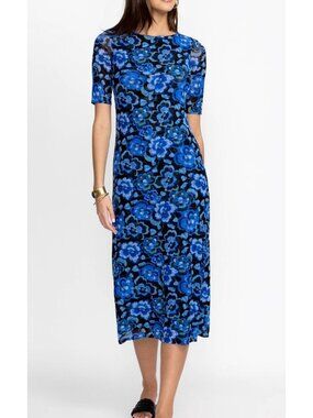 Johnny Was Jade Blue Calanthe Mesh Midi Dress size Large Floral Short Sleeves